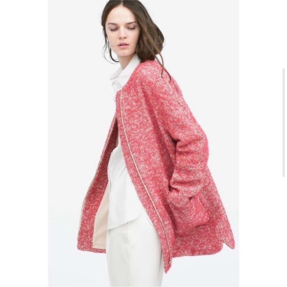 Zara Raspberry Pink & Cream Boulce Tweed Jacket XS